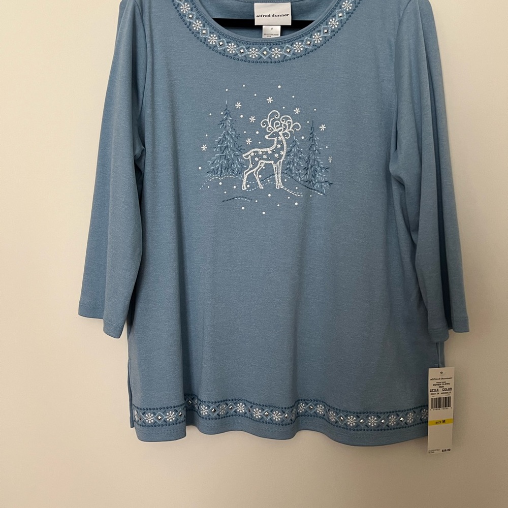 Alfred Dunner Blue silver accents Christmas Reindeer Embroidered Top medium